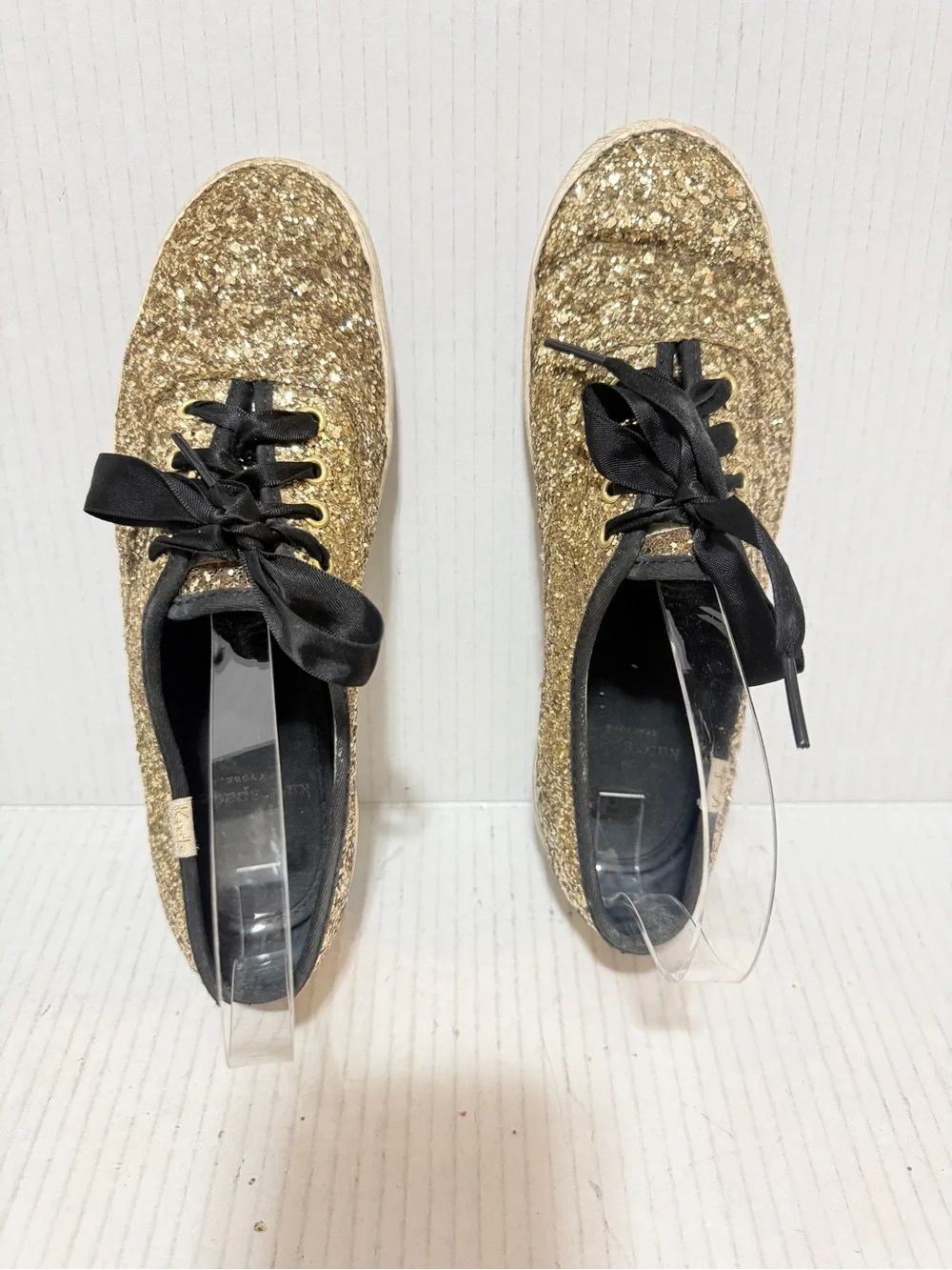 Keds x Kate Spade New York Champion Gold Glitter Sneakers Satin ties Sz 6 1/2